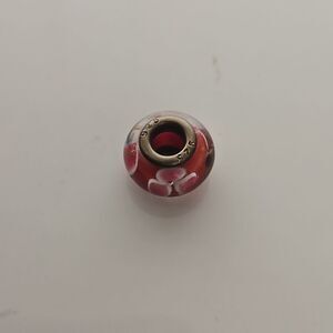 Murano Glass Flower Charm Stamped 925 Burgundy/ White